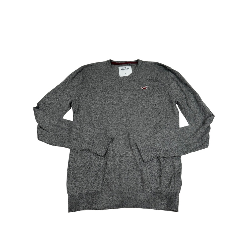 Hollister Mens V-Neck Sweater Grey Heathered Long Sleeve Pullover Medium